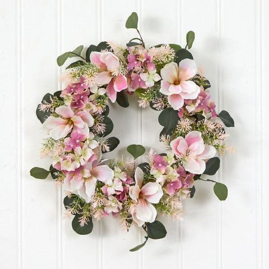 Nearly Natural 20 Inch Hydrangea Magnolia Artificial Flower Wreath