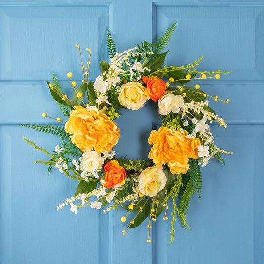 16 Inch Orange Hydrangea and Rose Artificial Floral Twig Wreath
