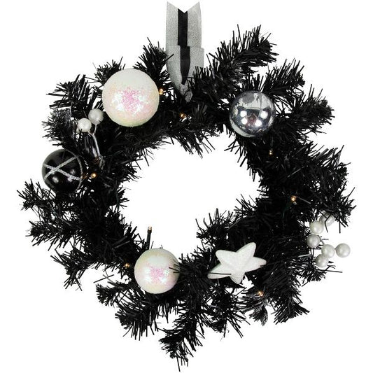 16-Inch Pre-Lit Black Pine Christmas Wreath Battery Operated with Cool White LED Lights