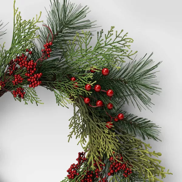 22" Mixed Pine with Red Berries Artificial Christmas Wreath - Indoor/Outdoor Use