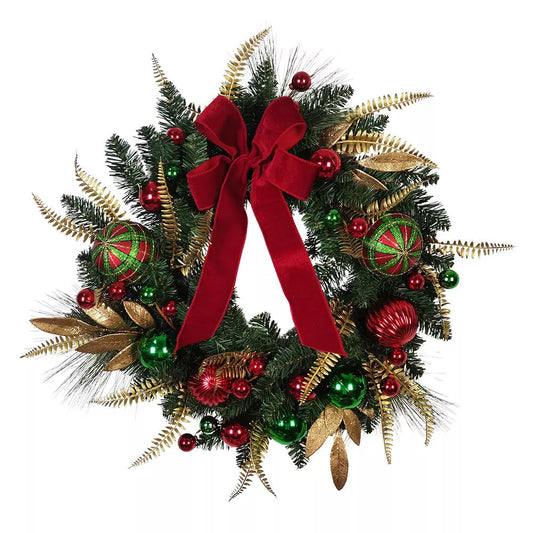 24 Inch Gold Red Green Ribbon Christmas Wreath - Unlit Holiday Décor