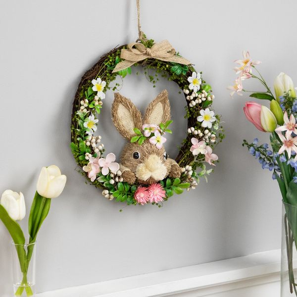 11" Spring Easter Wreath with Peering Rabbit and Floral Accents Green and Pink Decor