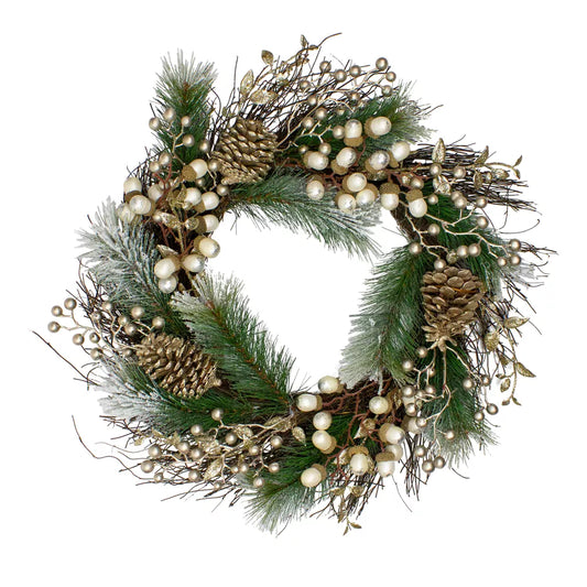 22 Inch Acorn and Pine Cone Flocked Pine Needle Artificial Christmas Wreath Unlit