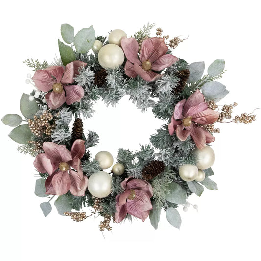 Floral and Ball Ornament Frosted Pine Christmas Wreath 24 Inch Pink Unlit Artificial Holiday Decoration