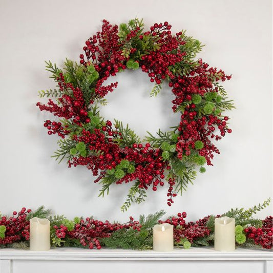 28” Frosted Red Berry & Pine Christmas Wreath