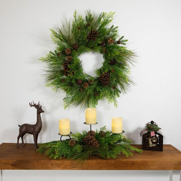 Real Touch Pinecones and Jingle Bells Artificial Christmas Wreath 26 Inch