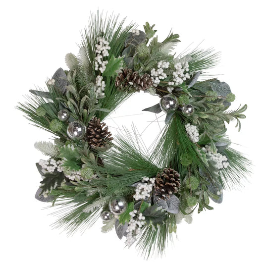 Northlight 24" Real Touch Winter Pine Artificial Christmas Wreath with Berries – Holiday Door Decoration