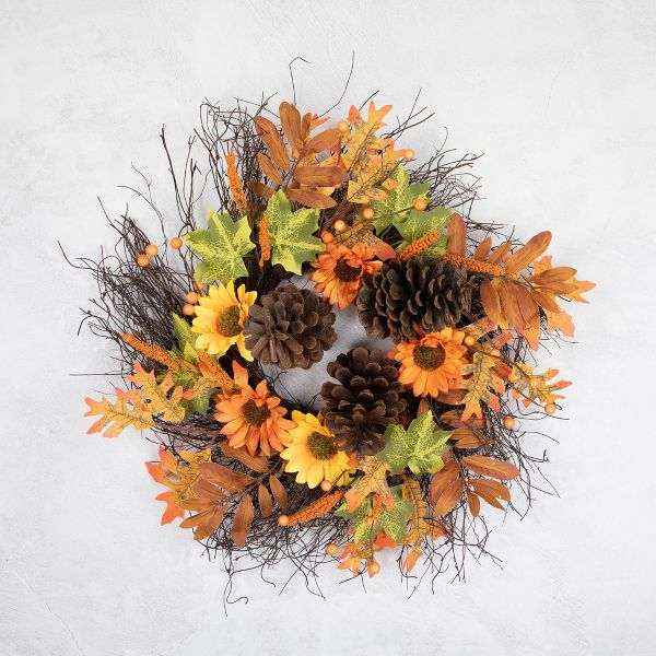 24 Inch Sunflowers and Pinecones Artificial Fall Harvest Twig Wreath