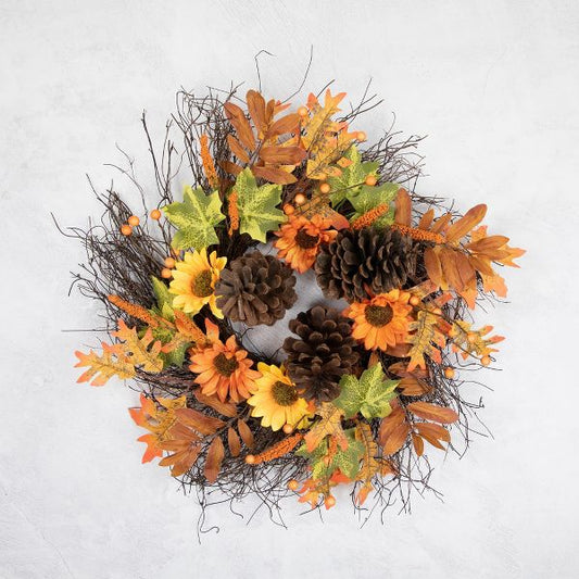 24 Inch Sunflowers and Pinecones Artificial Fall Harvest Twig Wreath