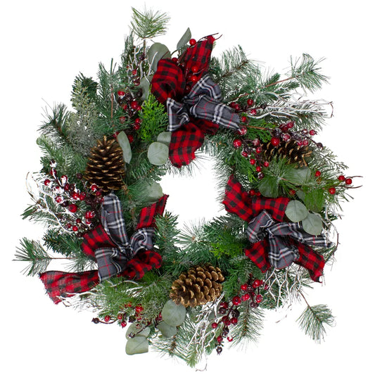 24 Inch Dual Plaid and Berries Artificial Christmas Wreath Unlit