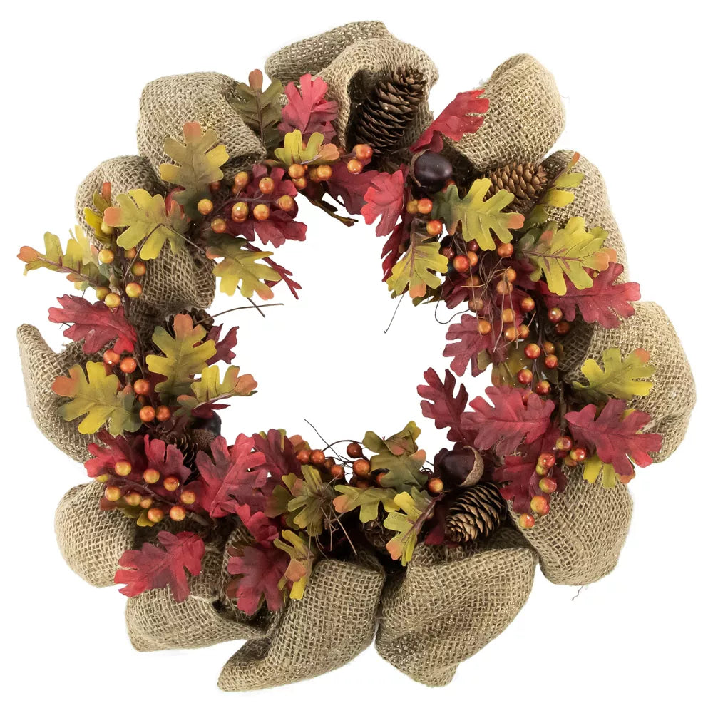 18 Inch Rustic Burlap Fall Harvest Wreath with Acorns and Berries