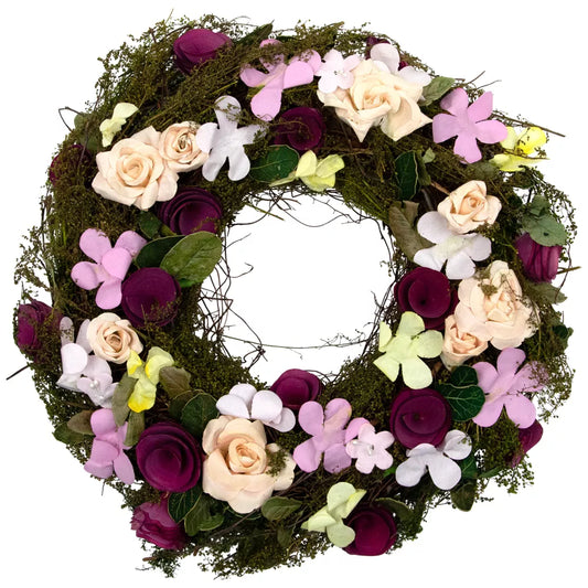 Purple White Floral Artificial Spring Wreath 14 Inch Unlit