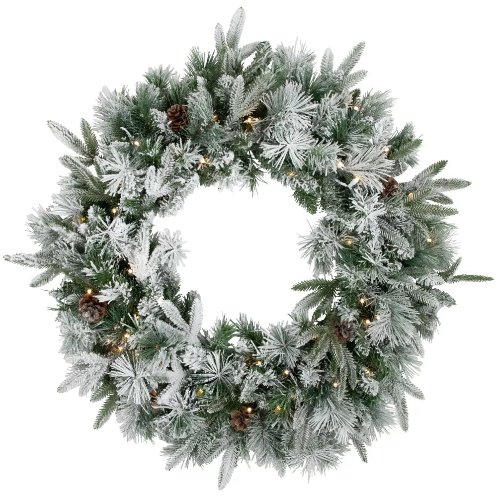 Pre-Lit Flocked Rosemary Emerald Angel Pine Wreath