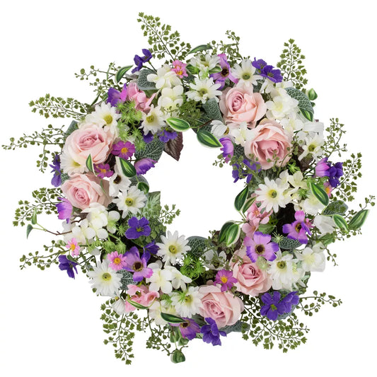 Mixed Floral Fern Artificial Spring Wreath 24 Inch Seasonal Door Decoration