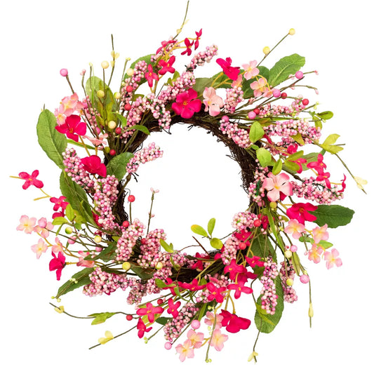 18 Inch Pink Geranium and Berry Artificial Spring Floral Wreath