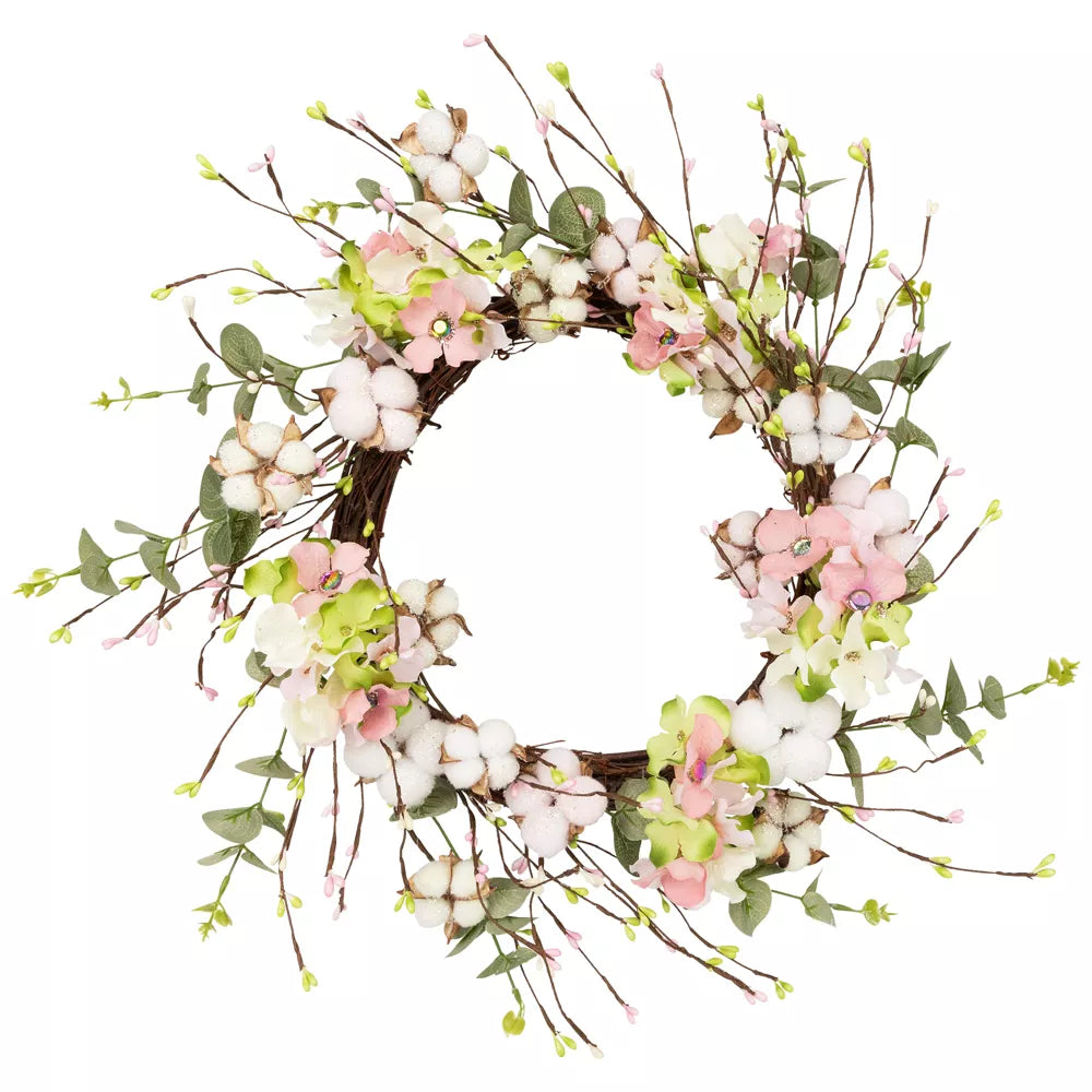 18 Inch Pink and Green Hydrangeas with Cotton Artificial Floral Wreath