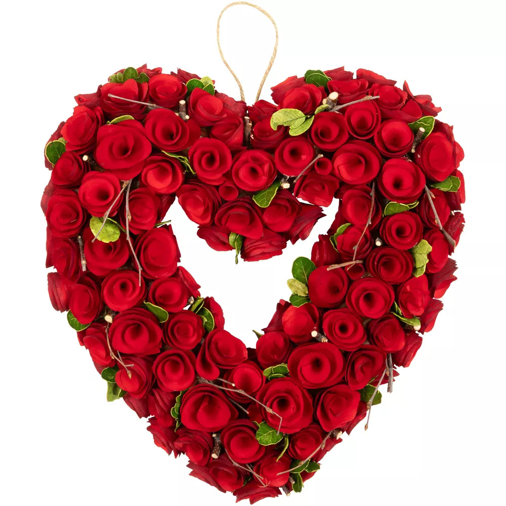 Wooden Roses Valentine's Day Heart Wreath 13.5 Inch Red