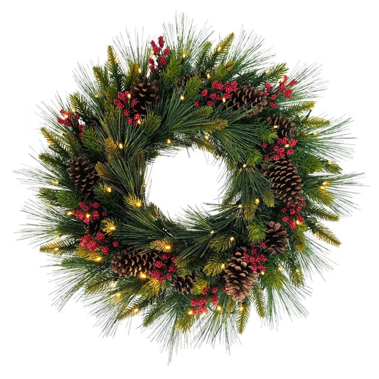 26-Inch Pre-Lit Artificial Pinecone and Berry Christmas Wreath