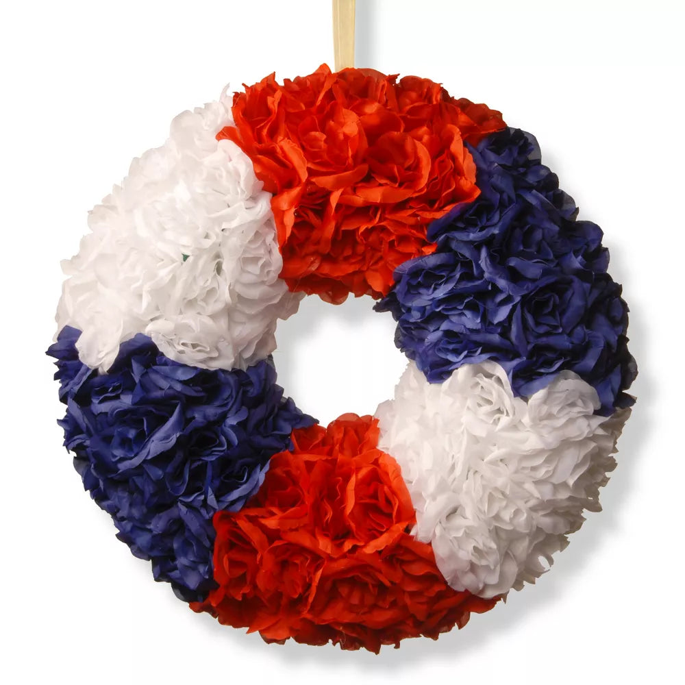 Patriotic Rose Artificial Wreath 18 Inch Red White Blue Floral Door Decoration
