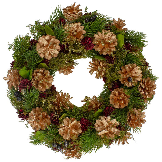 12 Inch Green Gold and Red Glitter Pinecones Christmas Wreath