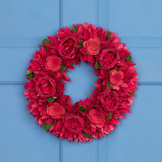 14" Wooden Spring Wreath with Rose Floral Accents Rustic Seasonal Door Decor