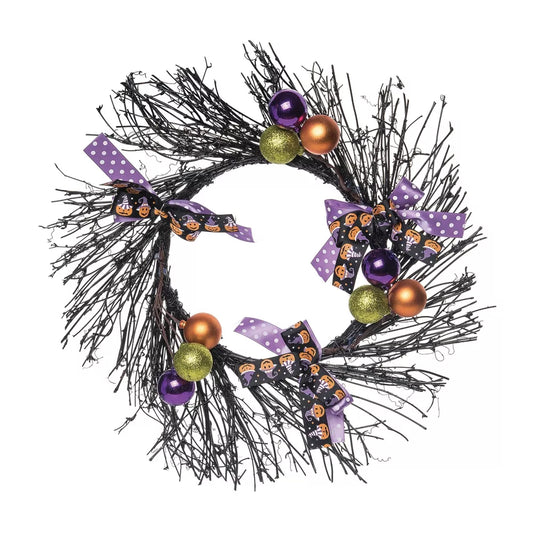 20-Inch Multicolored Halloween Twig Wreath with Metallic Pumpkins – Fall Decorative Home Accent