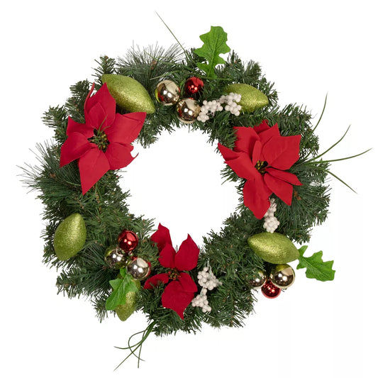 Decorated Red Green Poinsettia Pine Christmas Wreath 24 Inch Unlit Artificial Holiday Decoration