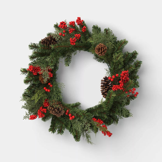 28" Mixed Greenery and Cedar with Pinecones and Red Berries Artificial Christmas Wreath Green