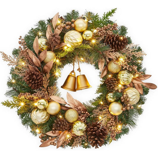 24 Inch Pre-Lit Christmas Wreath with Bells & Ornaments – 20 LED Lights for Front Door Décor