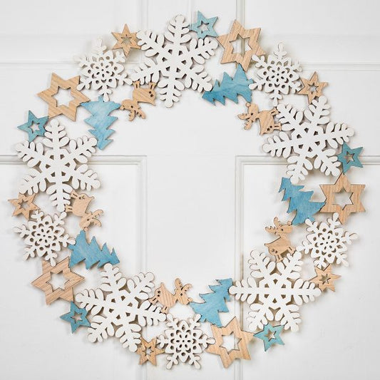 15.75" Wooden Snowflake Cut-Out Christmas Wreath Unlit Rustic Holiday Decor