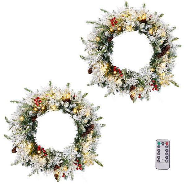 18" Pre-Lit Snow Flocked Christmas Wreaths with Berries