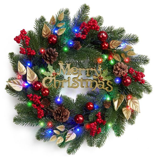 Pre-Lit Christmas Wreath with 40 Colorful Lights Pine Cone Decor