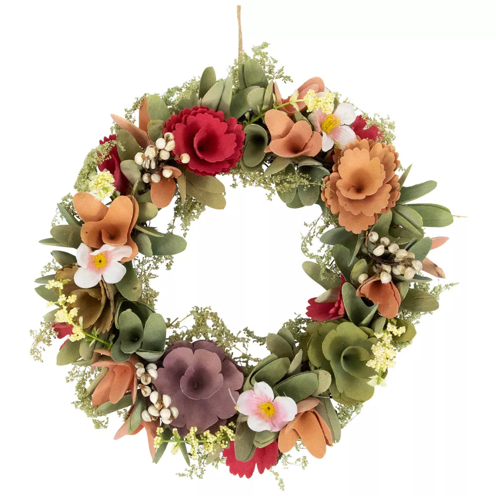 Rose and Pansy Wooden Artificial Spring Wreath 10 Inch