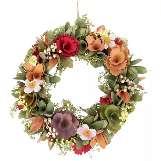 Rose and Pansy Wooden Artificial Spring Wreath 10 Inch