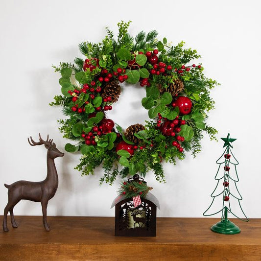 Northlight Crabapple and Berries Boxwood and Pine Artificial Christmas Wreath - 26" - Unlit