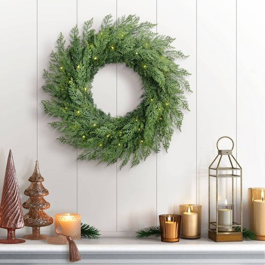 24" Pre-Lit Flocked Wreath – Battery Operated Holiday Decor