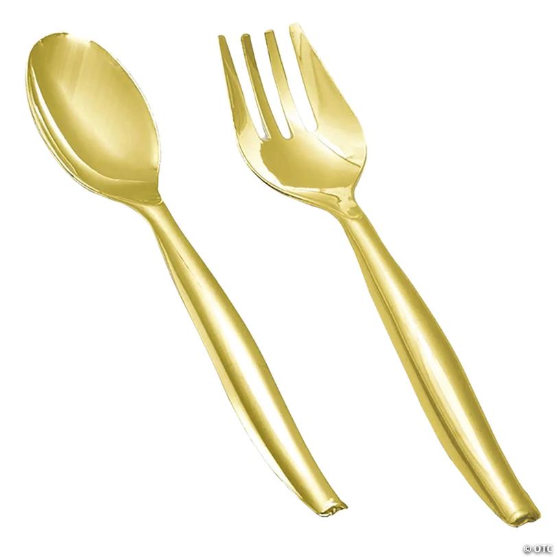 Gold Disposable Plastic Serving Flatware Set - Serving Spoons and Serving Forks (60 Pairs) | USA Decoration®
