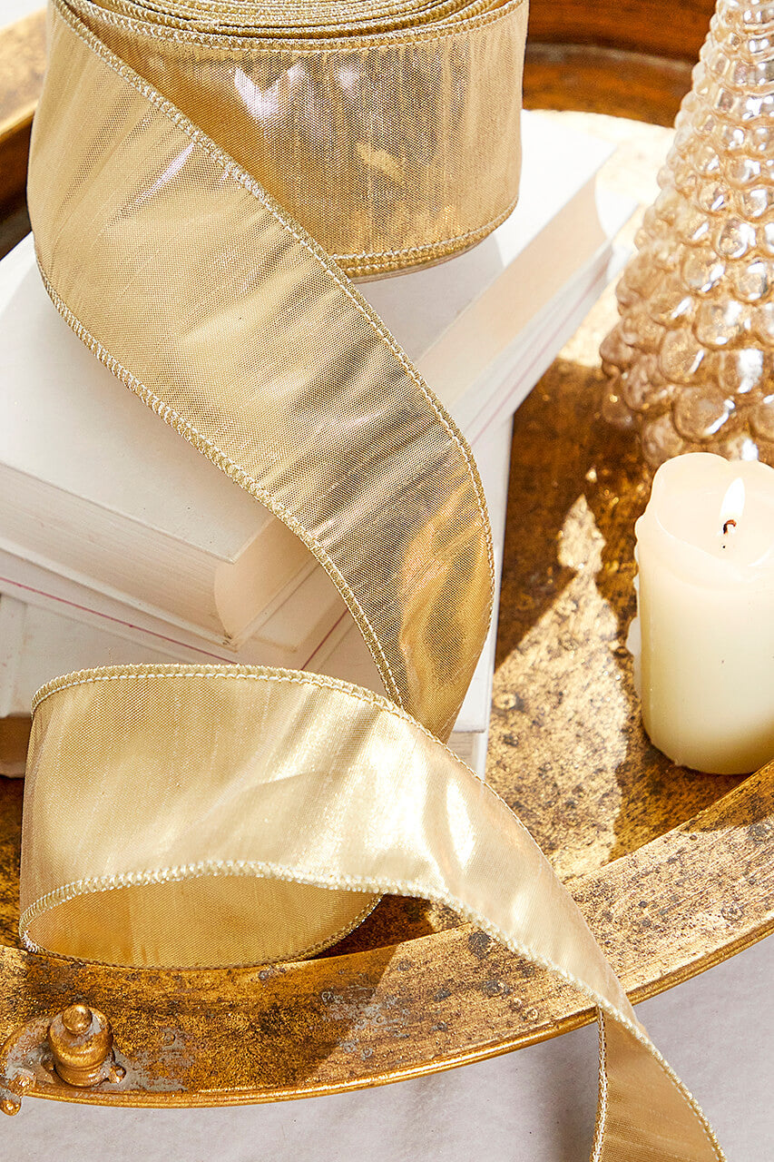 2.5" x 10 Yard Gold Metallic Dupioni Wired Ribbon for Luxurious Holiday Crafting