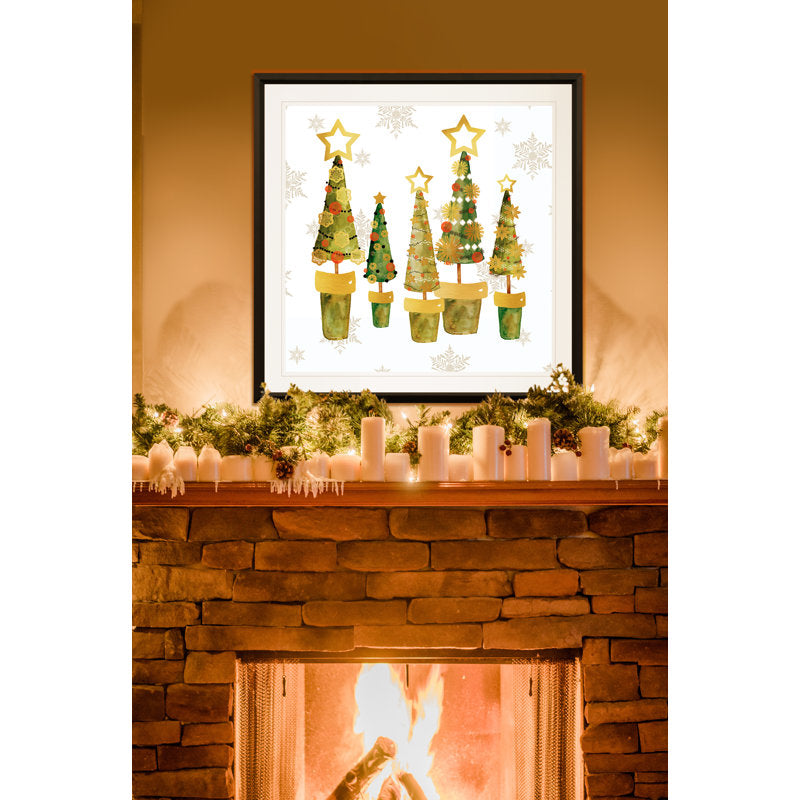 Golden Christams Trees - Matted and Framed Under Acrylic Glass, Large Living Room Wall Art