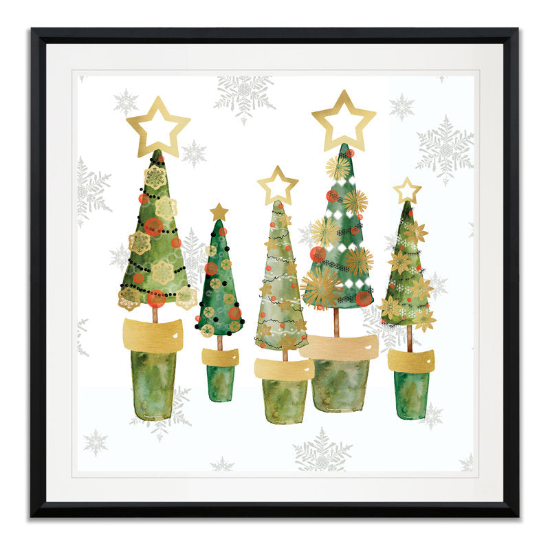 Golden Christams Trees - Matted and Framed Under Acrylic Glass, Large Living Room Wall Art