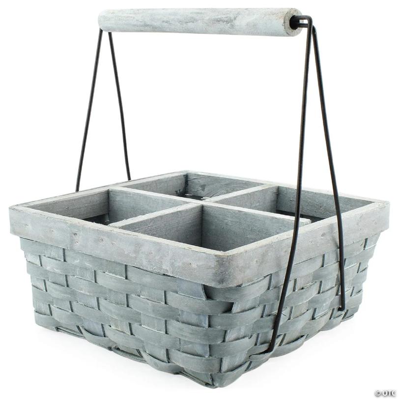 Gray Wood Basket Caddy, Rustic Farmhouse 4-Compartment Carry-All Organizer