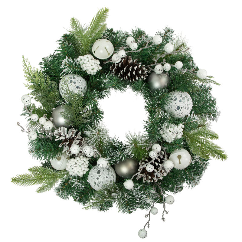 24" unlit frosted pine Christmas wreath with ornaments