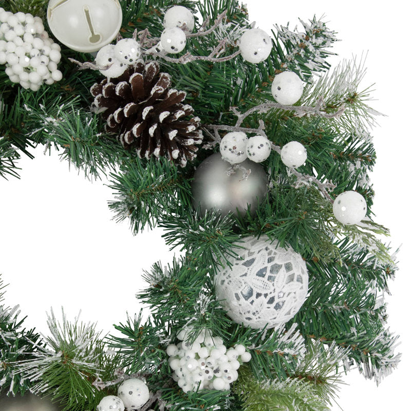 Green Pine Frosted Artificial Christmas Wreath with Laced Ornaments 24-Inch Unlit