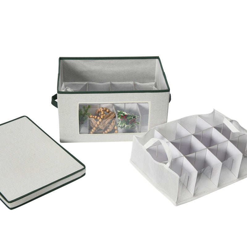 Green Polyester Ornament Chest with Cream Detail and Cardboard Inserts