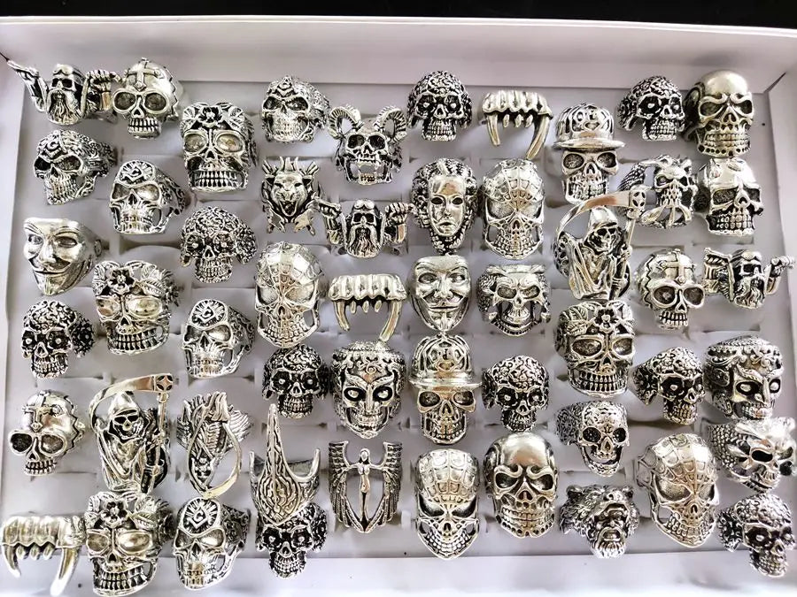 20pcs/lot Retro Big Head Exaggerated Gothic Skull Men Ring Punk Rocker Male Fashon Skeleton Rings Wholesale Lots