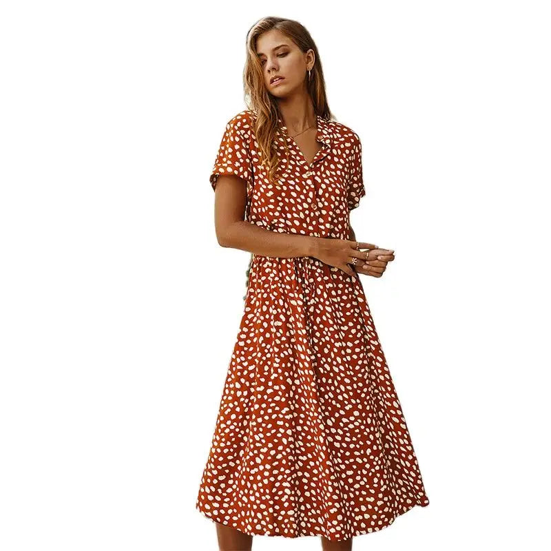 Casual Dress Summer Women Vintage Floral Print Dress Women Boho Short Sleeve Long Dress Turn Down Collar Casual Waistband Shirt Dresses Robe 2021 Summer