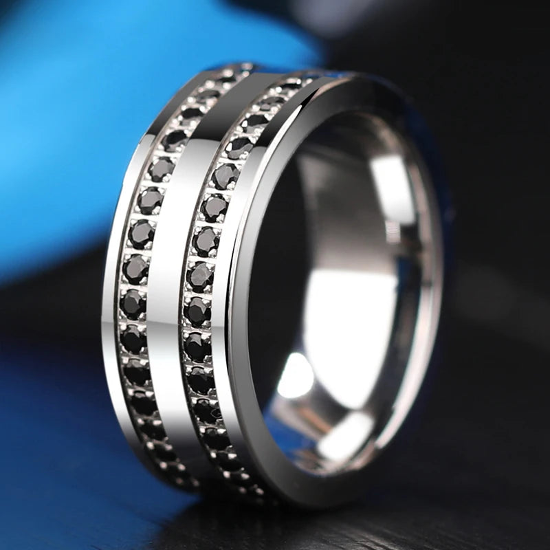 Wedding Rings for Men Women, 8mm Width Tungsten Carbide High Polished with White/Black CZ Stones, Customized