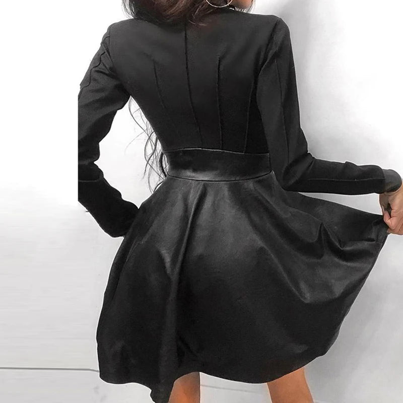 Dress Patchwork Party Zipper Pockets PU Leather Dress Women Sexy Lace Mesh Sleeve Patchwork Party Dress Winter Elegant Stand Neck Button Mini Dresses