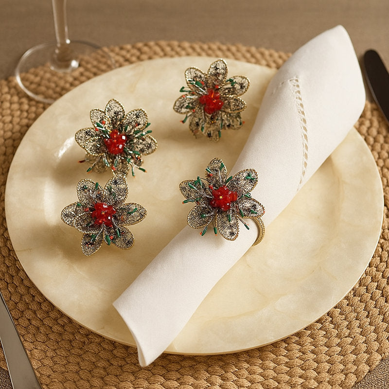 Hand Beaded Christmas Poinsettia Holiday Flower Napkin Rings, Set Of 4