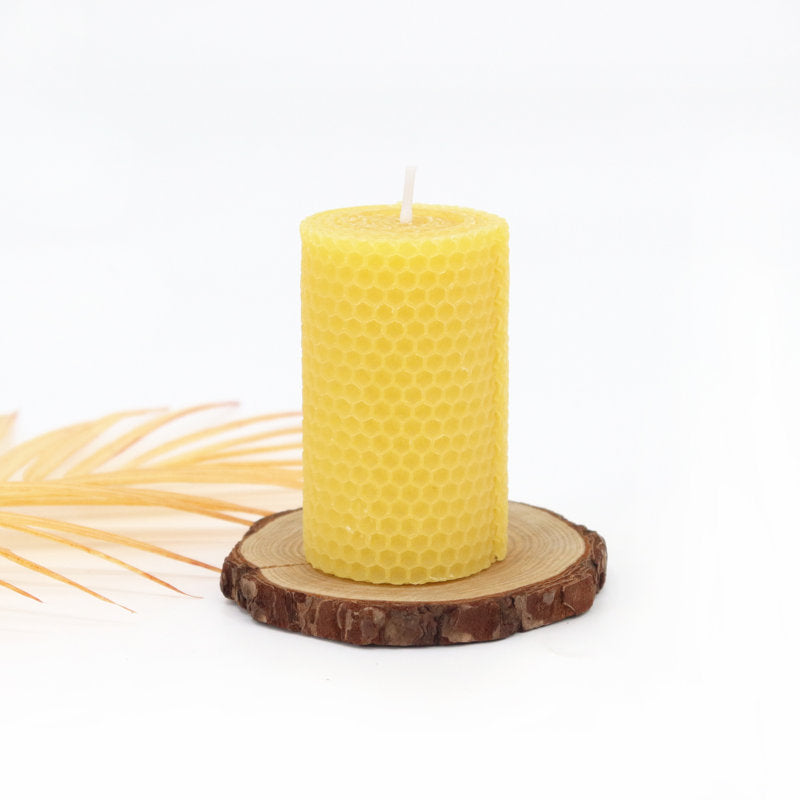 Handâ€‘Rolled Honeycomb Beeswax Pillar Candles, Unscented Decorative Column Candle for Dining Table, Wedding, Holiday & Home Mantel Decor, 3.35 in H x 1.97 in D, Long Burn Time
